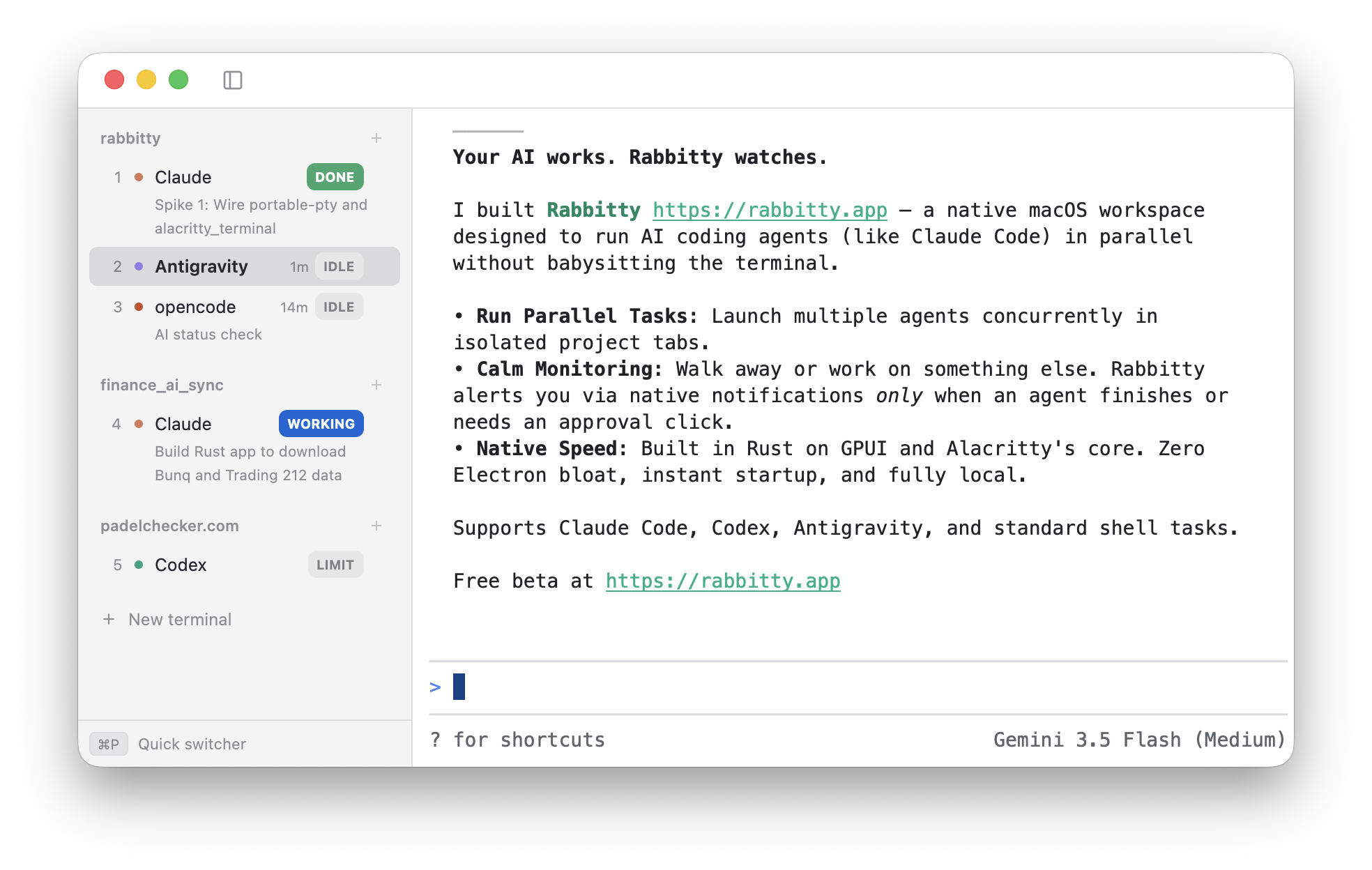 Rabbitty on macOS: a sidebar of AI coding agents showing Done, Idle, Working and Limit status next to a terminal.